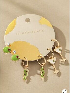 Anthropologie Gold Tone Hoop Earring Set W Green Olive & Martini Charms, New!
